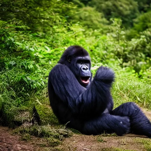 Prompt: mountain gorilla laughing while punching camera man