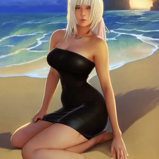 Prompt: full body portrait of 2 b nier automata wearing a skintight dress in a beach, large thighs, perfect face, intricate, elegant, highly detailed, digital painting, artstation, smooth, sharp focus, illustration, art by artgerm and greg rutkowski and alphonse mucha, 8 k