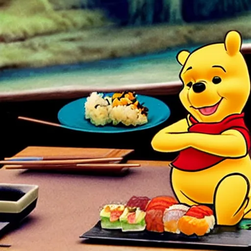 Image similar to Winnie the Pooh eating sushi