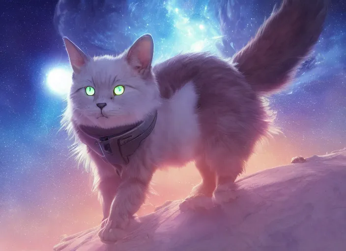 Image similar to a space cat staring role in a musical sci - fi space opera ghibli animated film, volumetric lighting, octane render by stanley artgerm lau, greg rutkowski, thomas kindkade, alphonse mucha, loish, norman rockwel,