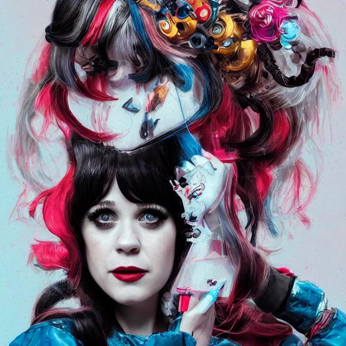 Image similar to portrait of Zooey Deschanel as a harley quinn. intricate abstract. intricate artwork. by Tooth Wu, wlop, beeple, dan mumford. octane render, trending on artstation, greg rutkowski very coherent symmetrical artwork. cinematic, hyper realism, high detail, octane render, 8k, iridescent accents