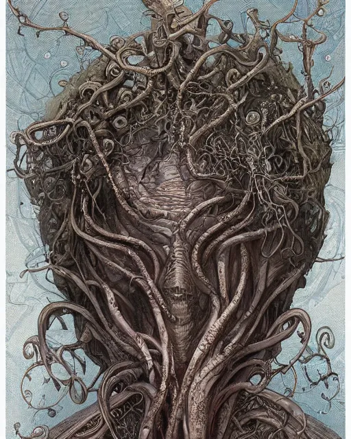 Prompt: centered beautiful detailed side view profile portrait of a insane old man, ornate tentacles growing around, ornamentation, thorns, vines, tentacles, elegant, beautifully soft lit, full frame, by wayne barlowe, peter mohrbacher, kelly mckernan, h r giger