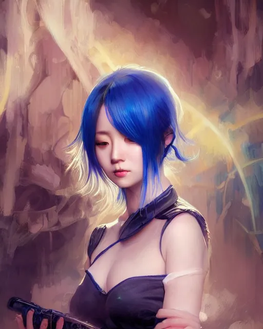 Prompt: stunningly beautiful female blue hair, cute korean actress, dj sura, fantasy art, sharp focus, digital painting, 8 k, concept art, art by wlop, artgerm, greg rutkowski and alphonse mucha