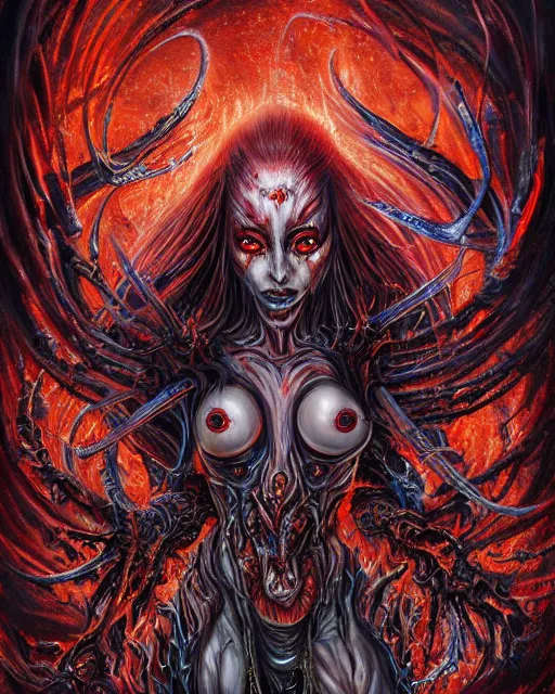 Image similar to charred bloody fleshmetal cyborg daemonhost woman psychedelic flamer of tzeentch, by antonio j. manzanedo, alex grey, android jones, wayne barlowe, philippe druillet, raymond swanland, cyril rolando, josephine wall, harumi hironaka, cronenburg, trending on artstation