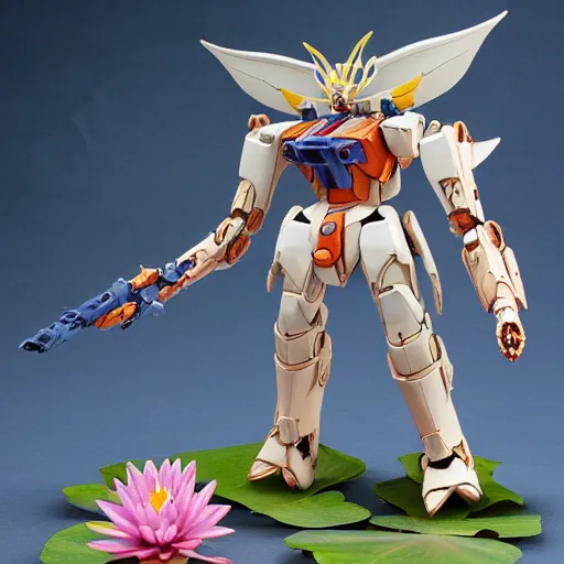 Prompt: futuristic nymphaea mecha waterlily upper body, sepals forming helmet, floral details, waterlily, 8 k hd resolution, barbatos gundam with floral inlay, bandai box art, star wars, makoto kobayashi, frank gehry, raymond swanland