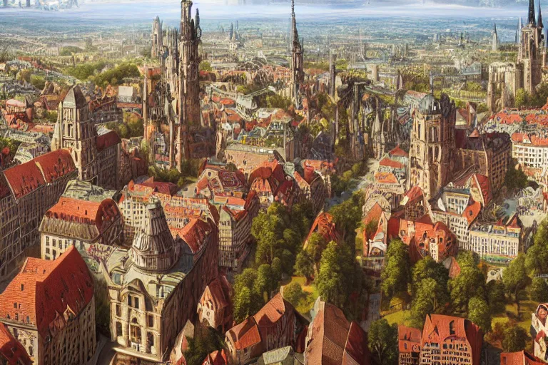 Image similar to an ultra detailed matte landscape painting of an german renaissance capital city built on top of a large hill with many tall spirally towers, sweeping vista, german renaissance architecture, ultrawide lens, aerial photography, 8 k, volumetric lighting, smooth, highly detailed, digital illustration, art by greg rutkowski and akira toriyama and artgerm