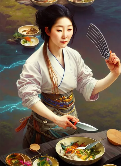 Image similar to stunning portrait of a south korean female chef holding magical kitchen knives, beautiful rivers of energy flowing in background, by peter mohrbacher and alphonse mucha and loish, 4 k, high resolution, intricate, hyperdetailed, photorealistic, artstation, smooth, sharp focus