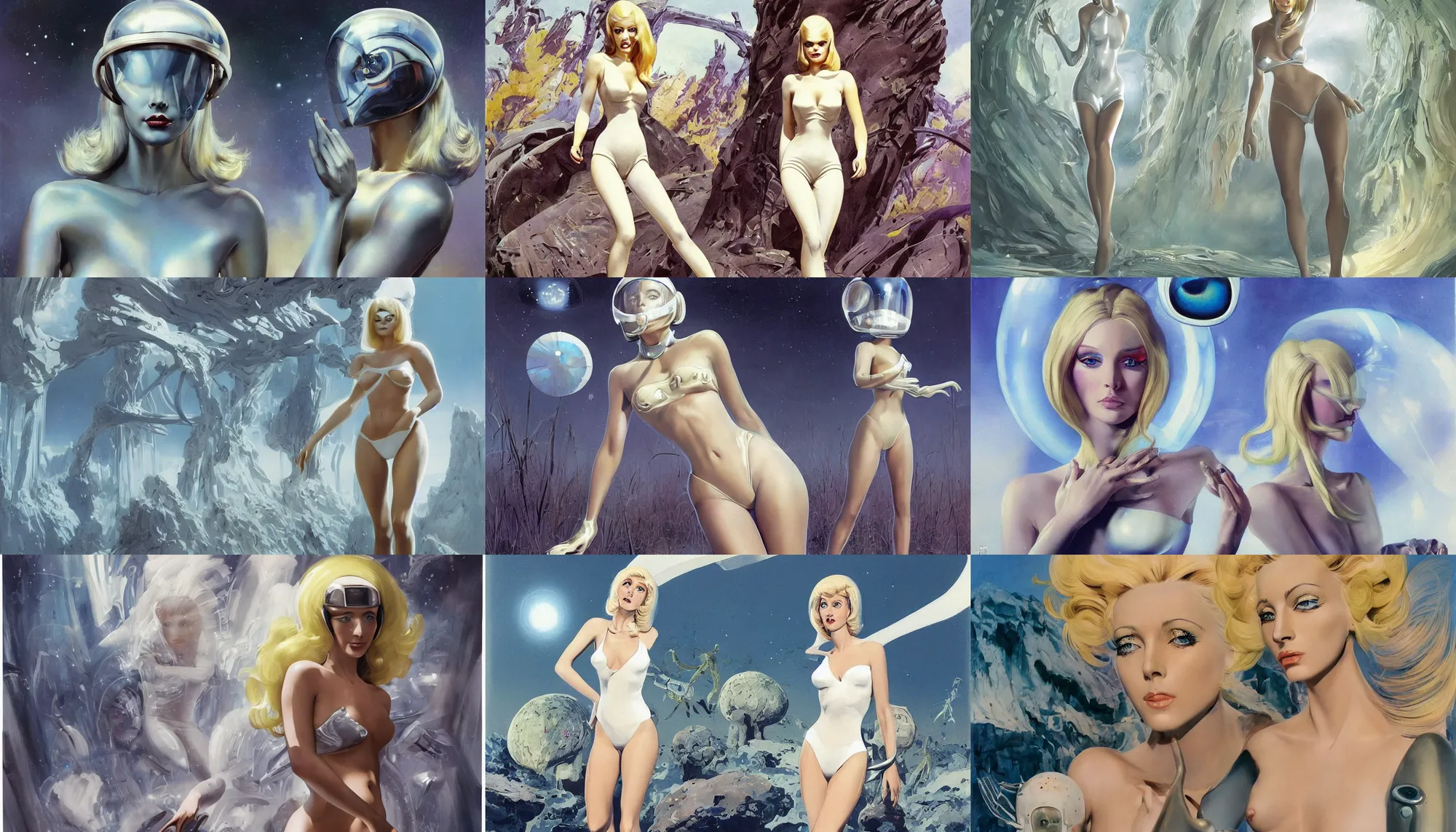 Prompt: A mixed media painting of a very beautiful blonde woman walking through an alien environment, elegant, aesthetic!!! symmetrical face and eyes, piercing gaze, photorealistic, model, futuristic white-space-bikini, 60's cartoon-glass-helmet, eighties pinup style, by Frank Frazetta, Boris Vallejo, Donato Giancola, Beeple, Greg Rutkowski, Christian MacNevin, epic fantasy character art, full length, high fantasy, starship-troopers, CGsociety, exquisite detail, post-processing, masterpiece, cinematic