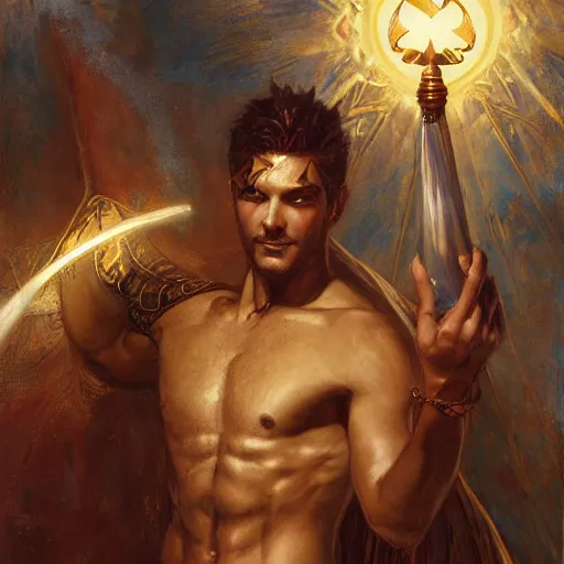 Image similar to attractive male deity casts light spell, summons attractive male lucifer morningstar. highly detailed painting by gaston bussiere, craig mullins, j. c. leyendecker 8 k