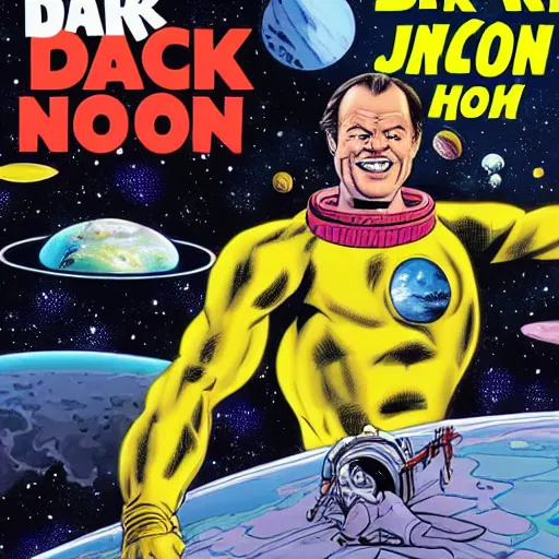 Prompt: a dark horse comic book cover of jack Nicholson hovering in space and holding! Planet! Earth! In his palm!.