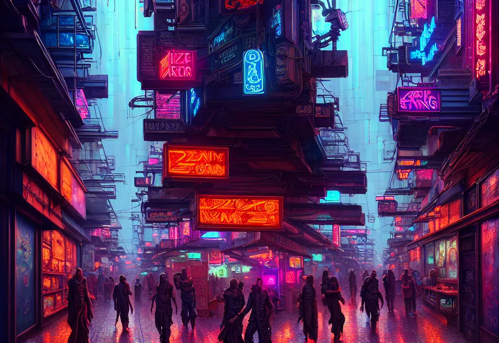 Prompt: a highly detailed bazaar street in the cyberpunk megacity of new washington, amazing cyberpunk digital painting, by gerald brom, brom digital art, intricate details, ultra realistic, beautiful art, volumetric lighting, by art germ, by brom, rule of thirds, trending cgsociety, artstation, warm colors advance cool colors recede, neon lights, crowded, 8 k