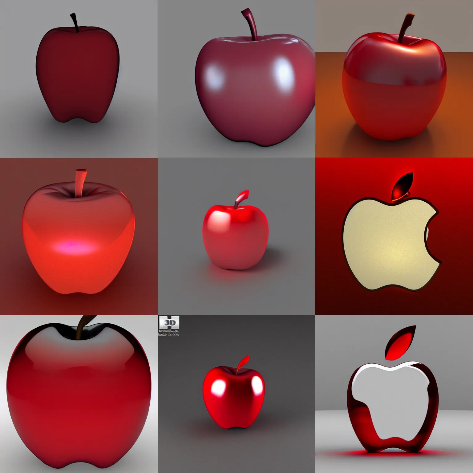 Prompt: apple made of transparent glass. dark red lighting, autodesk 3ds max.