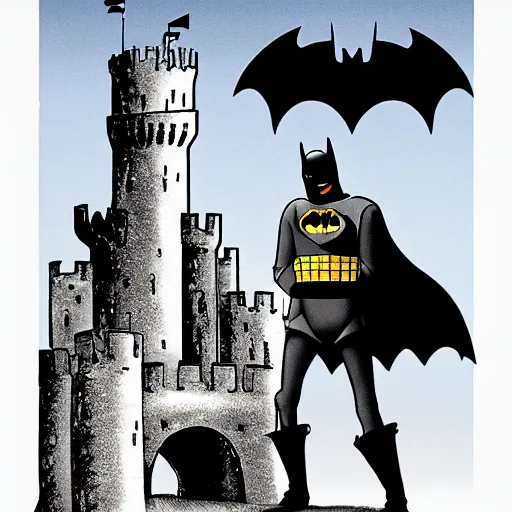 Prompt: monty python illustrations of batman in front of a castle