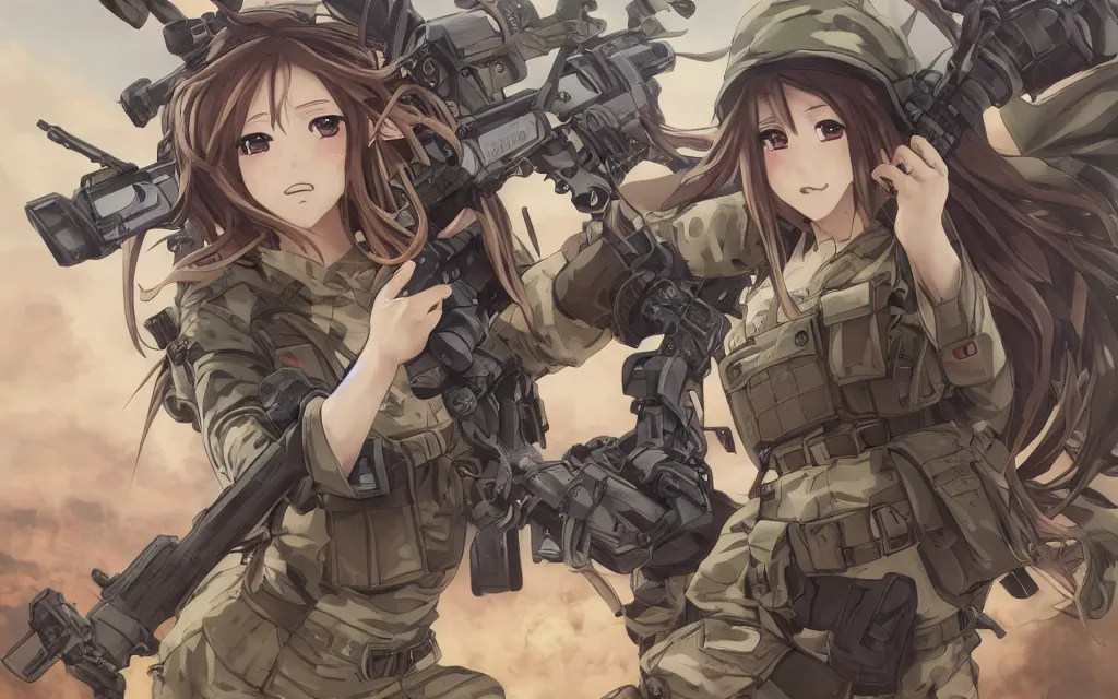 Image similar to infantry girl, anime style, long hair, hair down, symmetrical facial features, explosions, from girls frontline, combat clothes, filming camera, hyper realistic, pale skin, 4 k, rule of thirds, extreme detail, detailed drawing, trending artstation, hd, fantasy, d & d, realistic lighting, by alphonse mucha, greg rutkowski, sharp focus, backlit