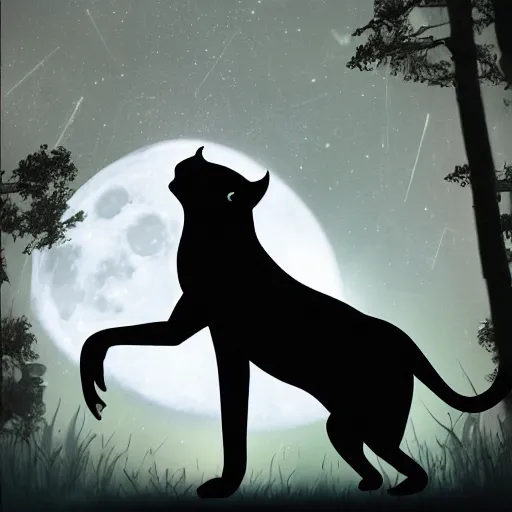 Image similar to a panther roaring at the moon in a forest during the night, large moon in the center. trending on artstation. cinematic. photoreal. dark colors. night.