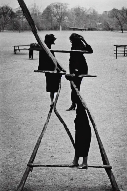 Prompt: a seesaw with a businesswoman on the left and cash on the right, photographed by Diane Arbus