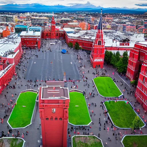 Image similar to drone photo of giant kiwi on red square, super wide shot, 1 2 mm, bokeh