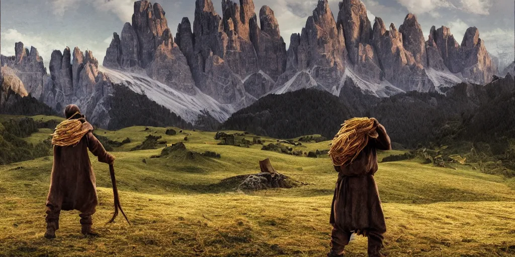 Image similar to alpine farmer transforming into a monster ,roots and hay coat, dolomites in background, dark, eerie, despair, portrait photography, artstation, digital art, concept art, artstation, highly detailed, sharp focus, by caravaggio