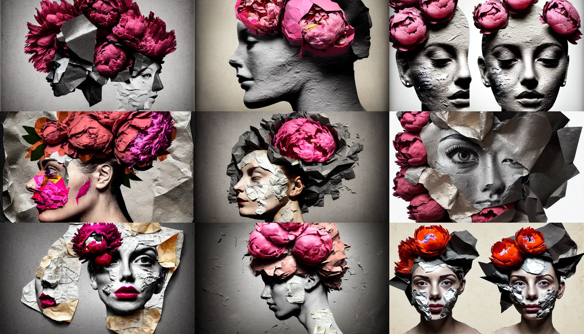 Prompt: a female head made of hot gritty steel, rendered in blender peonies on her head, crumpled newspaper as a texture, collage paper and tape, aluminiumfolie, slit - scan photography, hyperrealism mixed with expressionism, high resolution, cinematic, unreal 6, breathtaking detailed