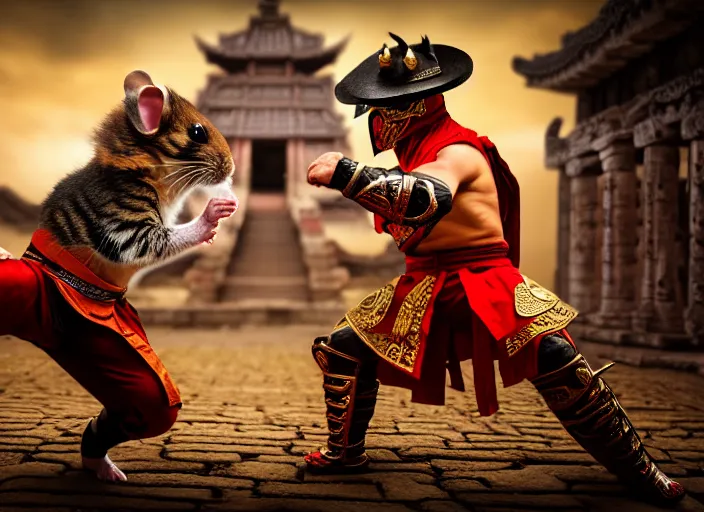 Image similar to hamster dressed as shao khan fights a cat dressed as kung lao in mortal kombat on the background of an ancient temple. fantasy magic style. highly detailed 8 k. intricate. lifelike. soft light. sony a 7 r iv 5 5 mm. cinematic post - processing