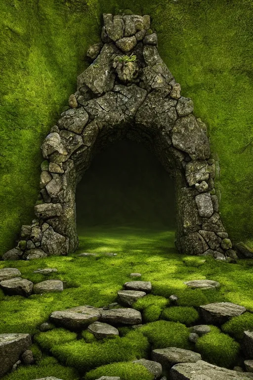 Prompt: the entrance of valhalla, large ornated stone portal, beautiful composition, nature, mossy stone, low angle, rays of light, light dust, octane render, unreal engine, photography, 8 k