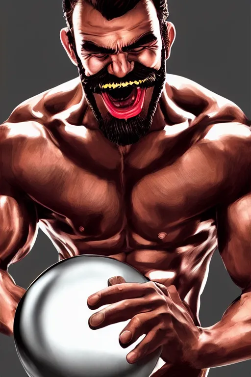 Prompt: gigachad luigi laughing holding metal sphere by ilya kuvshinov, bodybuilder ernest khalimov, super mario bros symmetrical face concept art, hyper realistic, intricate, elegent, highly detailed, digital painting, concept art, smooth, sharp, focus, illustration, art by artgerm and greg rutkowski and alphonse mucha, artstation