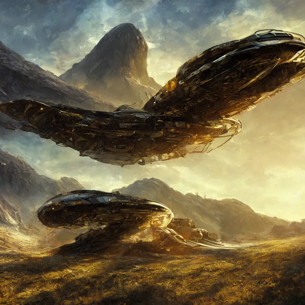Prompt: wrecked alien spaceship crashed in the mountains, sci-fi Hollywood concept art, golden hour