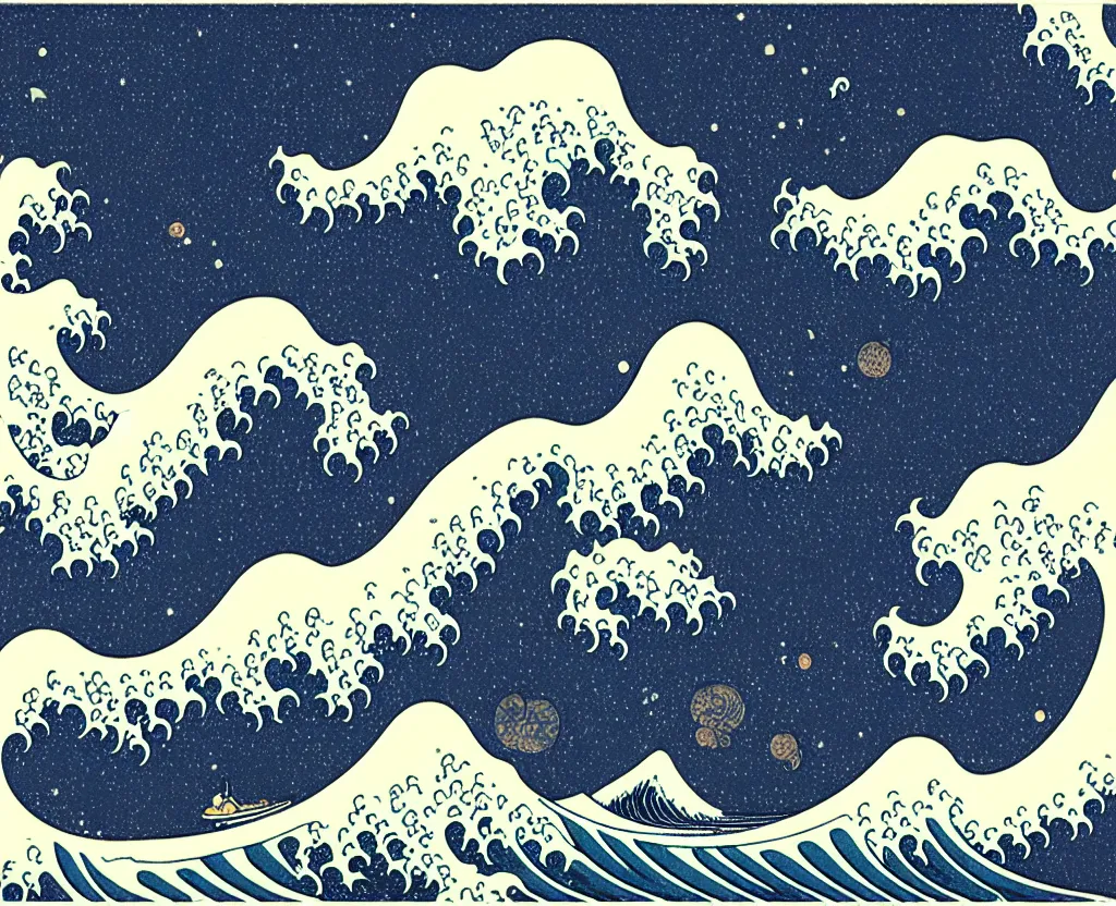 Image similar to dream waves on the starfields by katsushika hokusai and ben wanat ; setting is the halls of space and place that has no beginning and no end