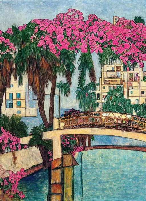Image similar to ahwaz city in iran with a big modern arch bridge on local river, 3 boat in river, 2 number house near a lot of palm trees and bougainvillea, hot with shining sun, painting by egon schiele