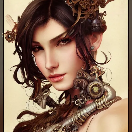 Image similar to a photograpic portrait of a pretty woman, steampunk, fantasy, intricate, elegant, highly detailed, digital painting, artstation, concept art, smooth, sharp focus, illustration, art by artgerm and h r giger and alphonse mucha