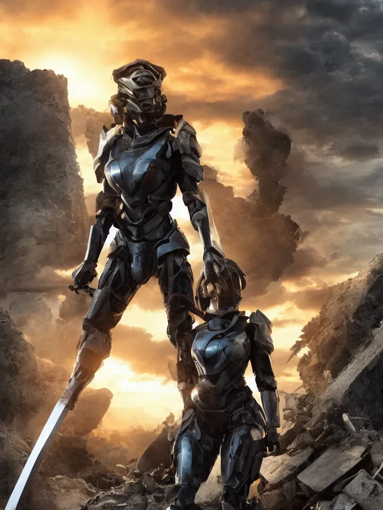 Prompt: emily blunt in futuristic power armor, by herself, holding a sword on her shoulder, standing atop a pile of rubble, sunset and big clouds behind her