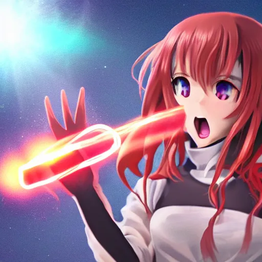 Prompt: Anime sorcerer foxgirl fires an intense energy beam out of her hand straight into the sky while screaming, hyperrealistic VFX simulation, digital art, artstation hq - n 6