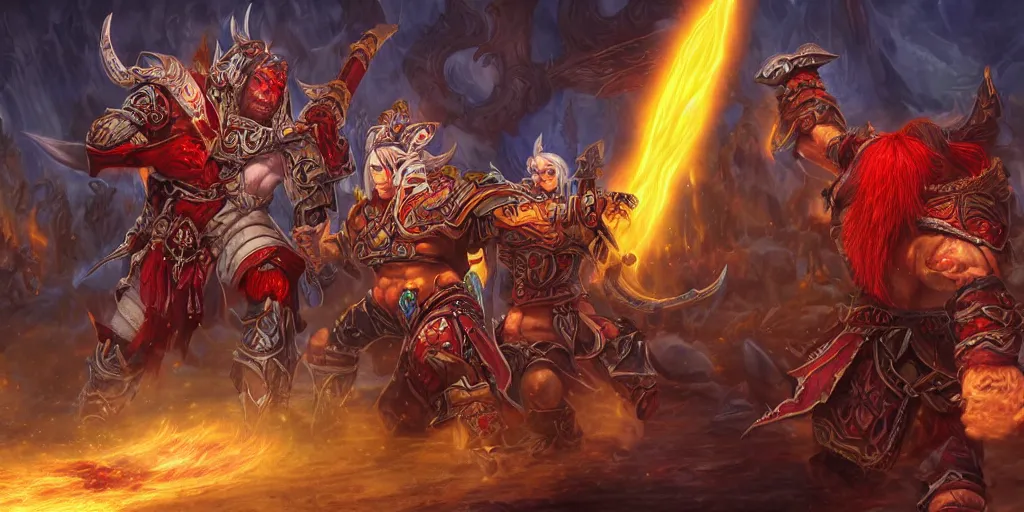 Image similar to a highly detailed digital painting of a blood elf battling an orc warlock, epic composition, world of warcraft