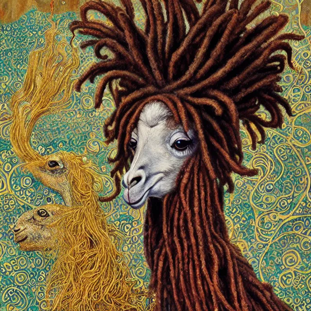 Image similar to llama with dreadlocks, by mandy jurgens, ernst haeckel, james jean. in the style of gustav klimt