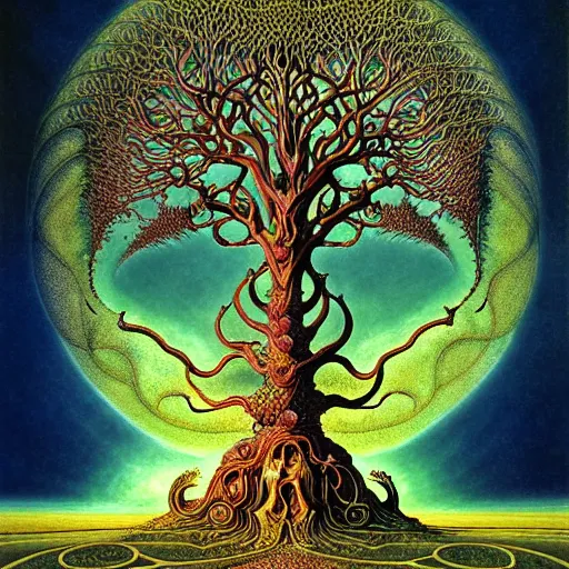 Image similar to sacred mulberry tree by roger dean and andrew ferez, art forms of nature by ernst haeckel, divine chaos engine, tree of life, symbolist, visionary, art nouveau, botanical fractal structures, lightning, surreality, lichtenberg figure