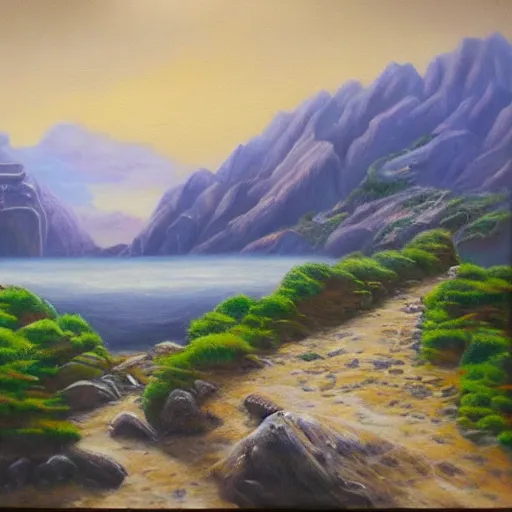 Image similar to Realm between the mountains and the sea, fantasy, oil painting, extra detailed