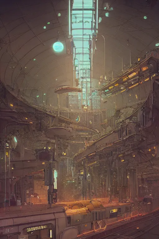 Prompt: a detailed concept art of a steampunk metro station, by moebius, by beeple