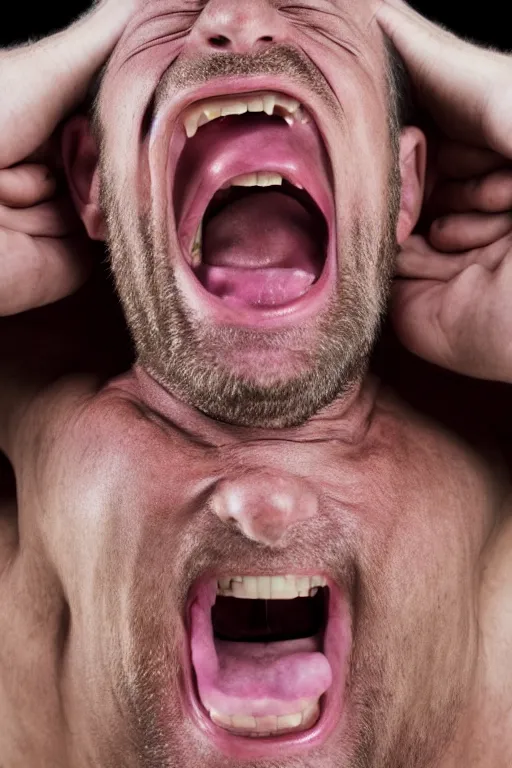 Prompt: uhd hyperrealistic photorealisitc hyperdetailed detailed portrait shot of a screaming man, studio lighting