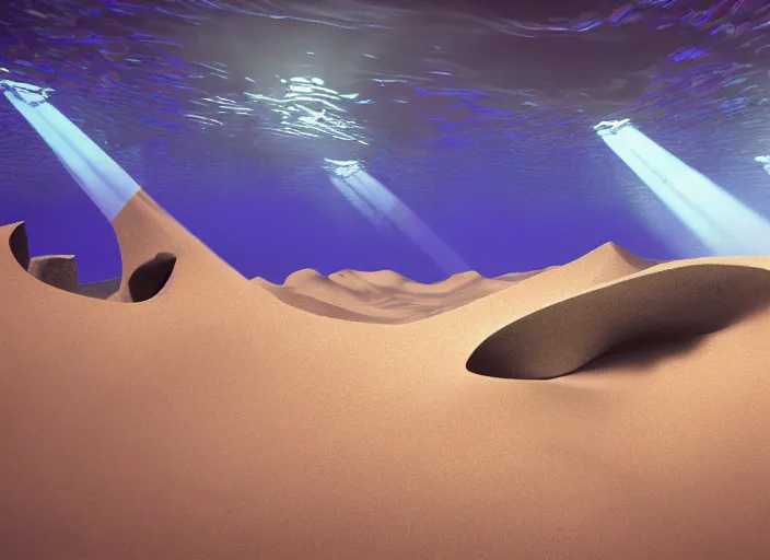 Image similar to an underwater landscape painted by, mc escher, gordon onslow ford, georgia o'keeffe and ippolito caffi, cinematic light, god rays, sand dunes, unreal engine, zbrush central,