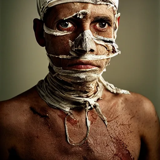 Prompt: portrait of a middle - aged middle - eastern doctor. his skin is dessicated and mummified. his eyes are keen. portrait photography by annie liebovitz.
