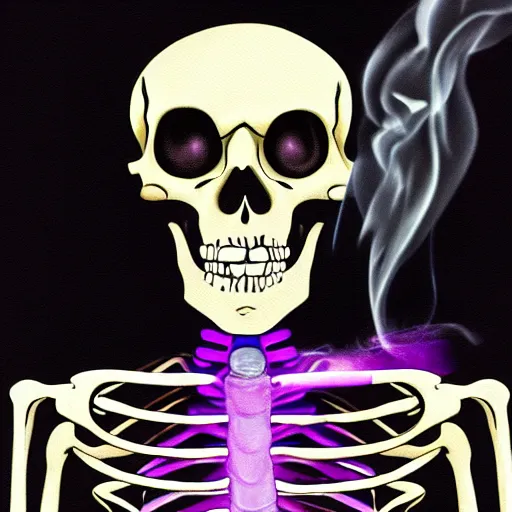 Prompt: a painting of a skeleton wearing a business suit and smoking a glowing purple cigar with glowing purple eyes, digital art, portrait, detailed
