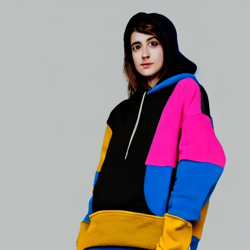 Image similar to a photo of hila klein wearing teddy fresh color block hoodie, fashion, model, realistic, photography, high quality