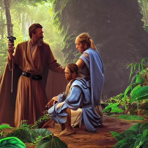 Image similar to stunning oil painting of a jedi master mentoring a jedi padawan on a lush jungle planet