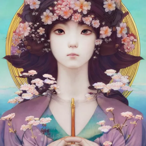 Image similar to a japanese girl as flower maiden, anime key visual, by annie swynnerton and tino rodriguez and charlie bowater and tom bagshaw and nicholas roerich and jean delville and evelyn de morgan and lucien freud, dramatic lighting, floral tattoos, rich colors, smooth sharp focus, extremely detailed, adolf wolfli