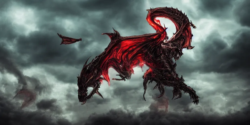 Image similar to A beautiful and very detailed photo of a huge lich dragon with wings spread out in a night of storm clouds and red lightning streaking down from the sky. He has large circular horns like those of a bighorn ram, red eyes, and a few pieces of his flesh missing or torn, and green smoke coming from his dark greenish body, majestic, exalted, elegant, epic, 4k, 8k, trending on Artstation, digital art