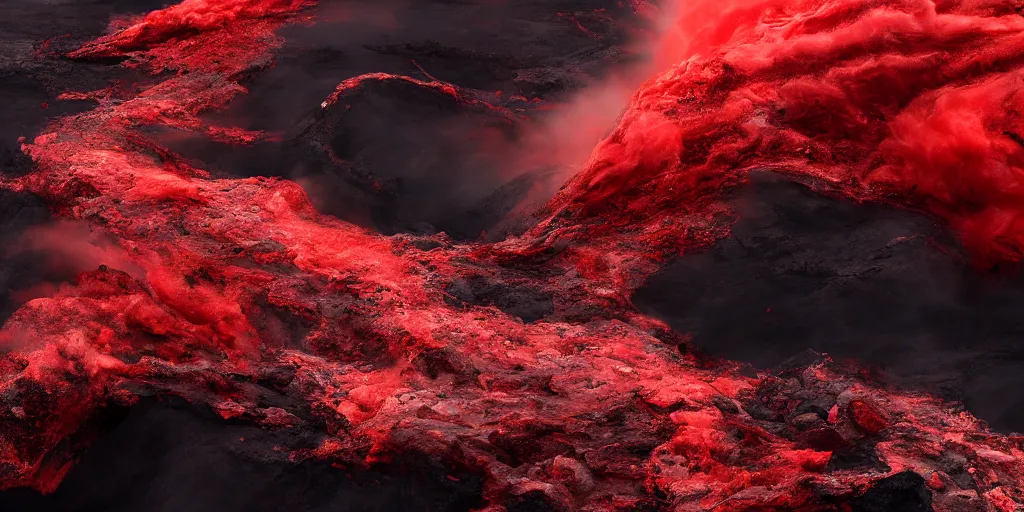 Image similar to a churning, boiling, fiery red sea with lots of smoky black and red steam, fantasy digital art, octane render, beautiful composition, trending on artstation, award-winning photograph, masterpiece