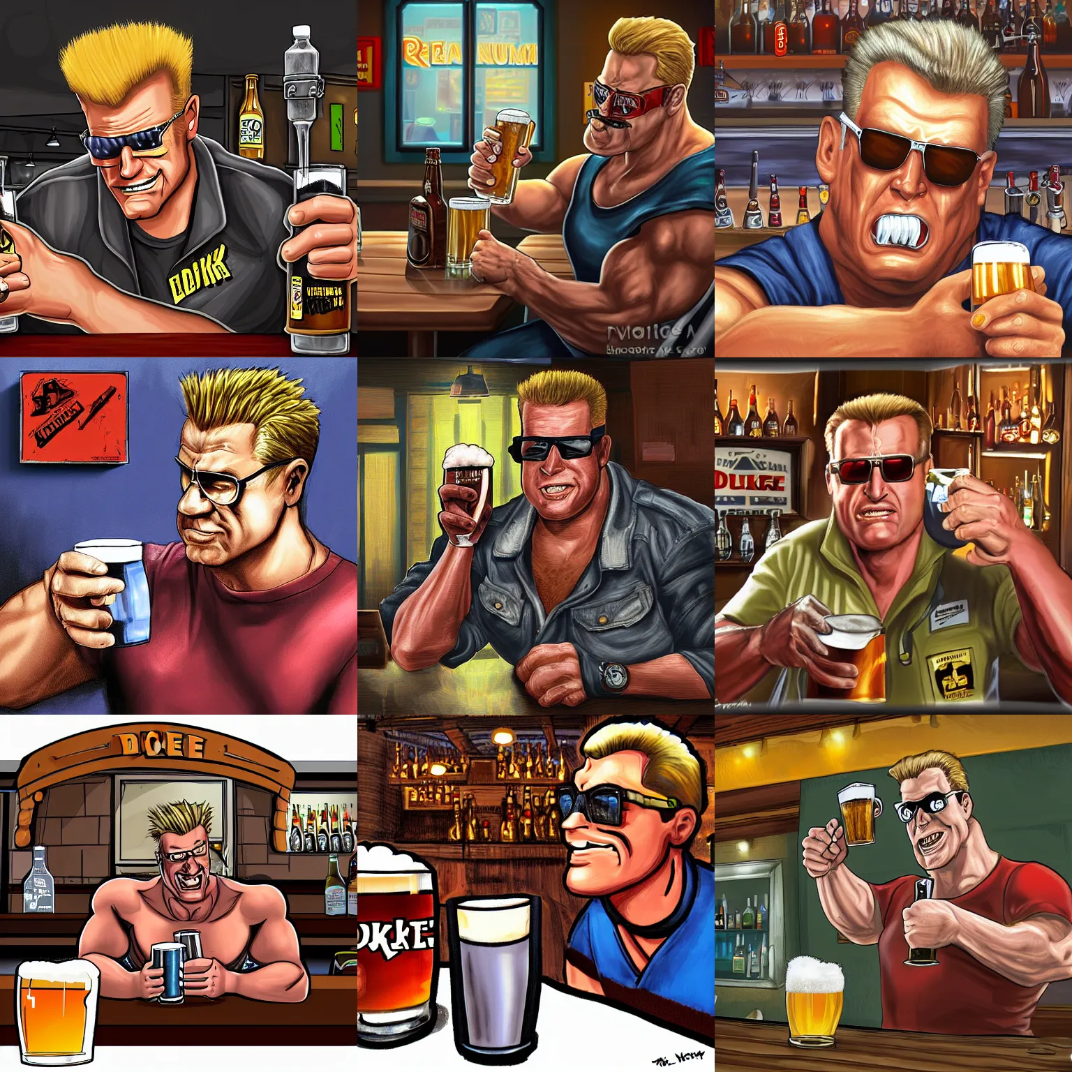 Prompt: duke nukem drinking beers at a bar reminiscing about old adventures. digital painting, highly detailed