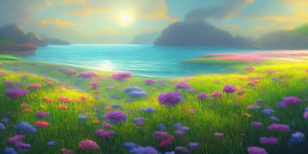 Image similar to Ocean inspired by Evgeny Lushpin,flower meadow,spring,cinematic,trending on ArtStation