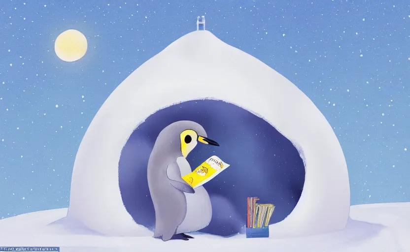 Image similar to childrens book illustration of an emperor penguin sitting down and reading a book inside an igloo