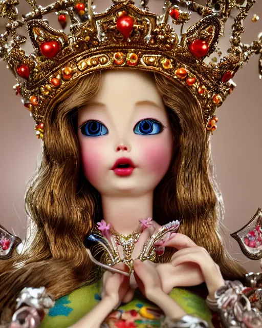 Image similar to highly detailed closeup, face profile portrait of a tin toy fairytale princess wearing a crown and sitting on a throne, bikini, depth of field, fashion photoshoot by nicoletta ceccoli, mark ryden, lostfish, dan decarlo, bob clampett, max fleischer, breathtaking, detailed and intricate environment, 8 k resolution, hyperrealistic, octane render